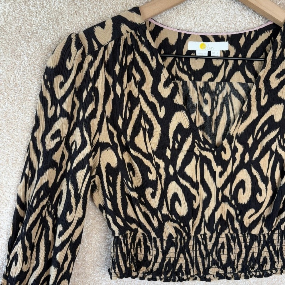 BODEN Smocked Crop Top Size 2 Viscose V-Neck Puff‎ Sleeve Shirt